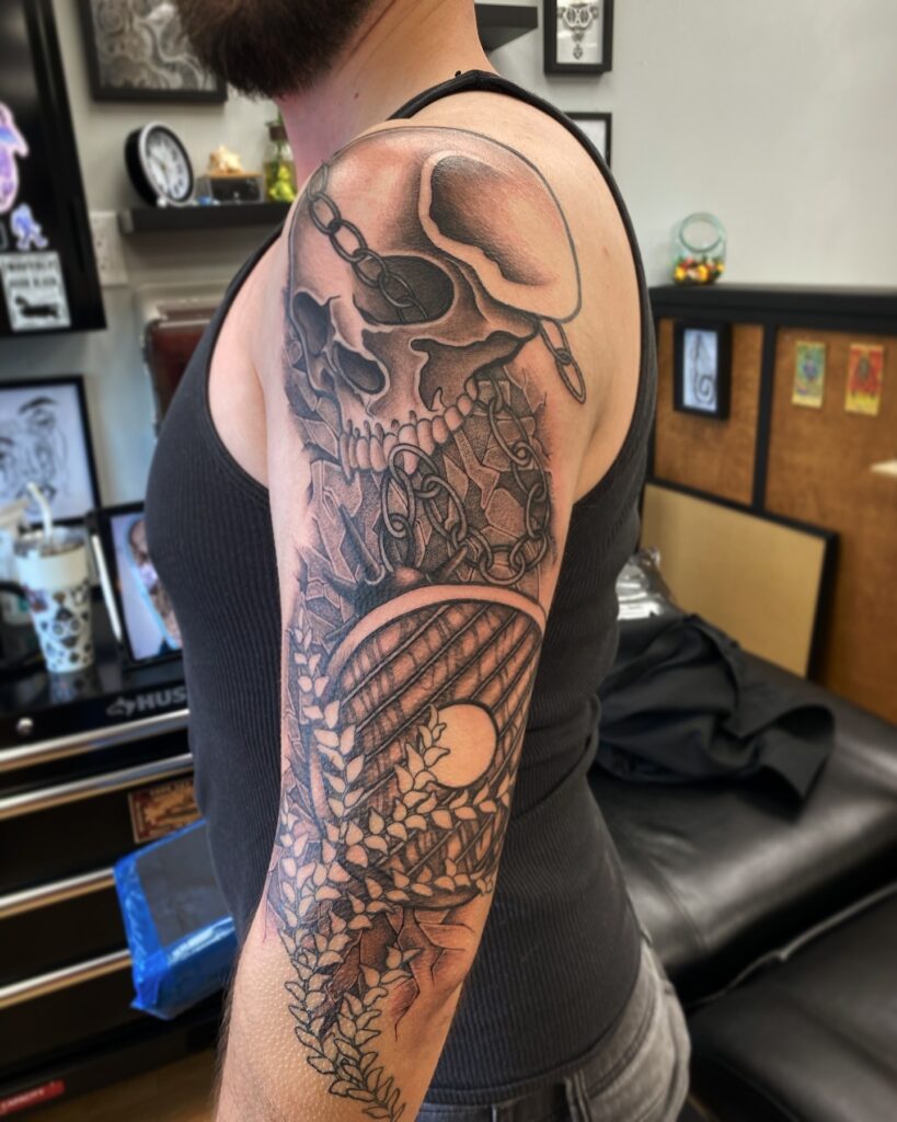 medievalskullballmacesleevetattoo